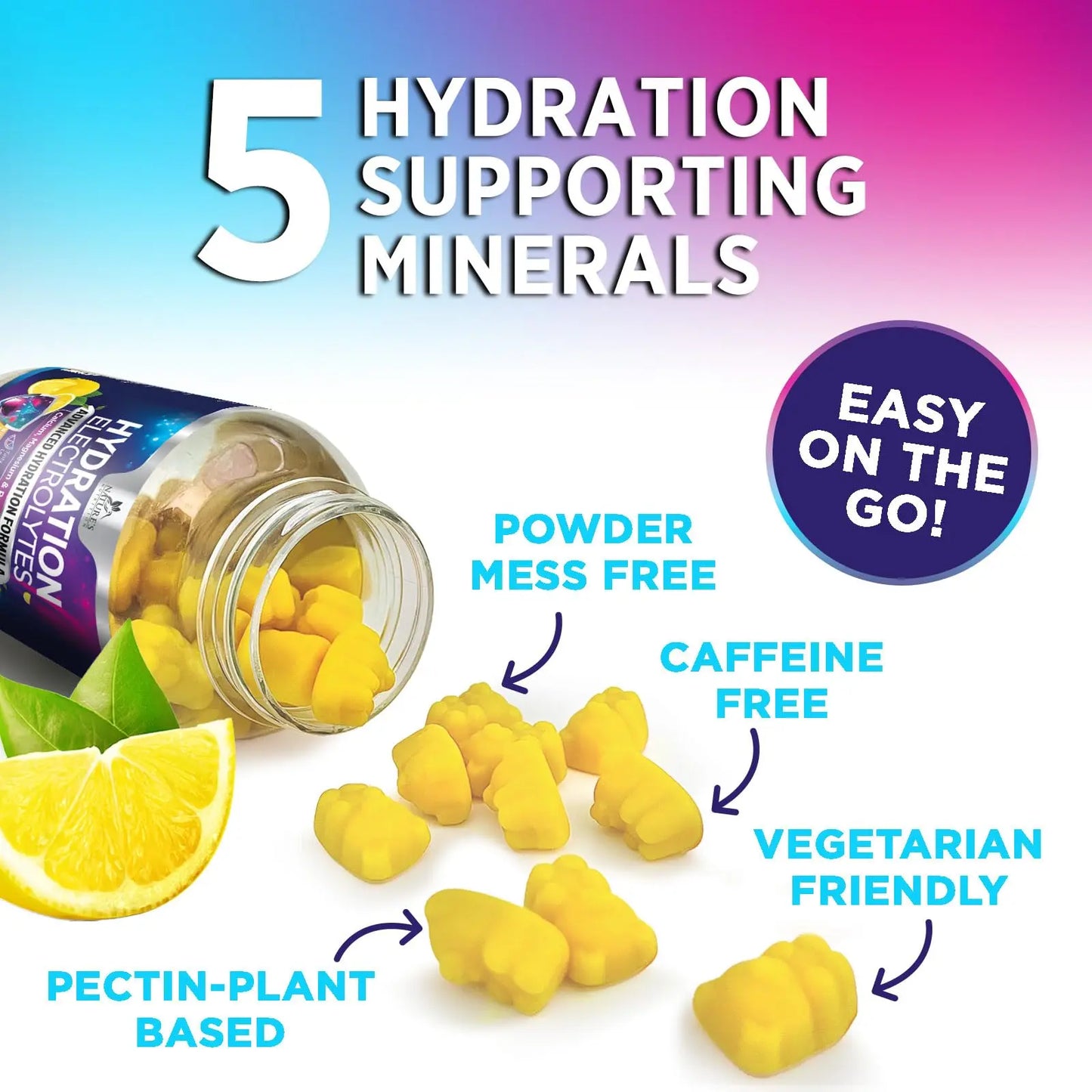 Hydration Electrolyte Gummies - Daily Liquid Replenisher Gummy - Electrolyte Multiplier with Minerals, Potassium & Real Salt - Vegan, Non-GMO - Tasty Lemon Flavor Hydration Electrolytes Nature's Nutrition
