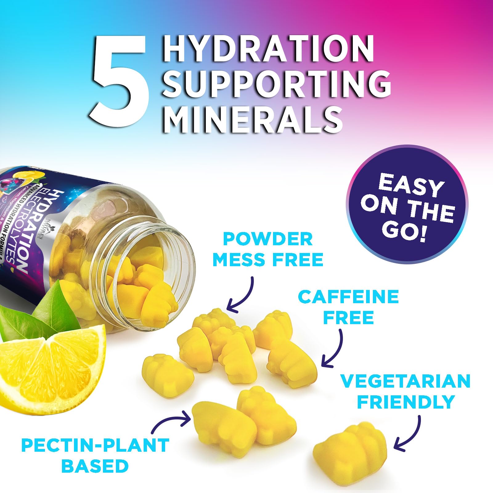 Hydration Electrolyte Gummies - Daily Liquid Replenisher Gummy - Electrolyte Multiplier with Minerals, Potassium & Real Salt - Vegan, Non-GMO - Tasty Lemon Flavor Hydration Electrolytes Nature's Nutrition buy australia supplements