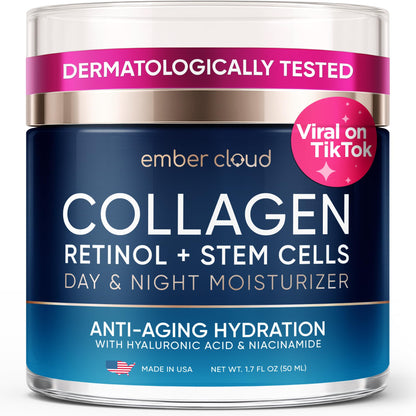 Collagen Face Cream Day & Night Moisturizer with Stem Cells Retinol 1.7Oz Ember Cloud