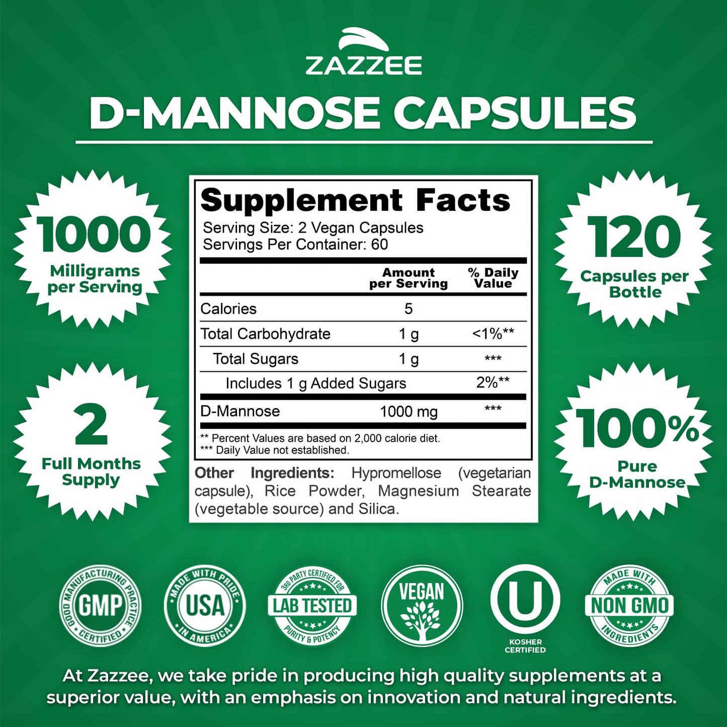 Zazzee D-Mannose, 1000 mg per Serving, 180 Vegan Capsules, 3 Month Supply | Potent & Fast-Acting, Certified Kosher, 100% Pure, All-Natural Urinary Tract Health Support, 100% Vegetarian, Non-GMO Gsupps Australia