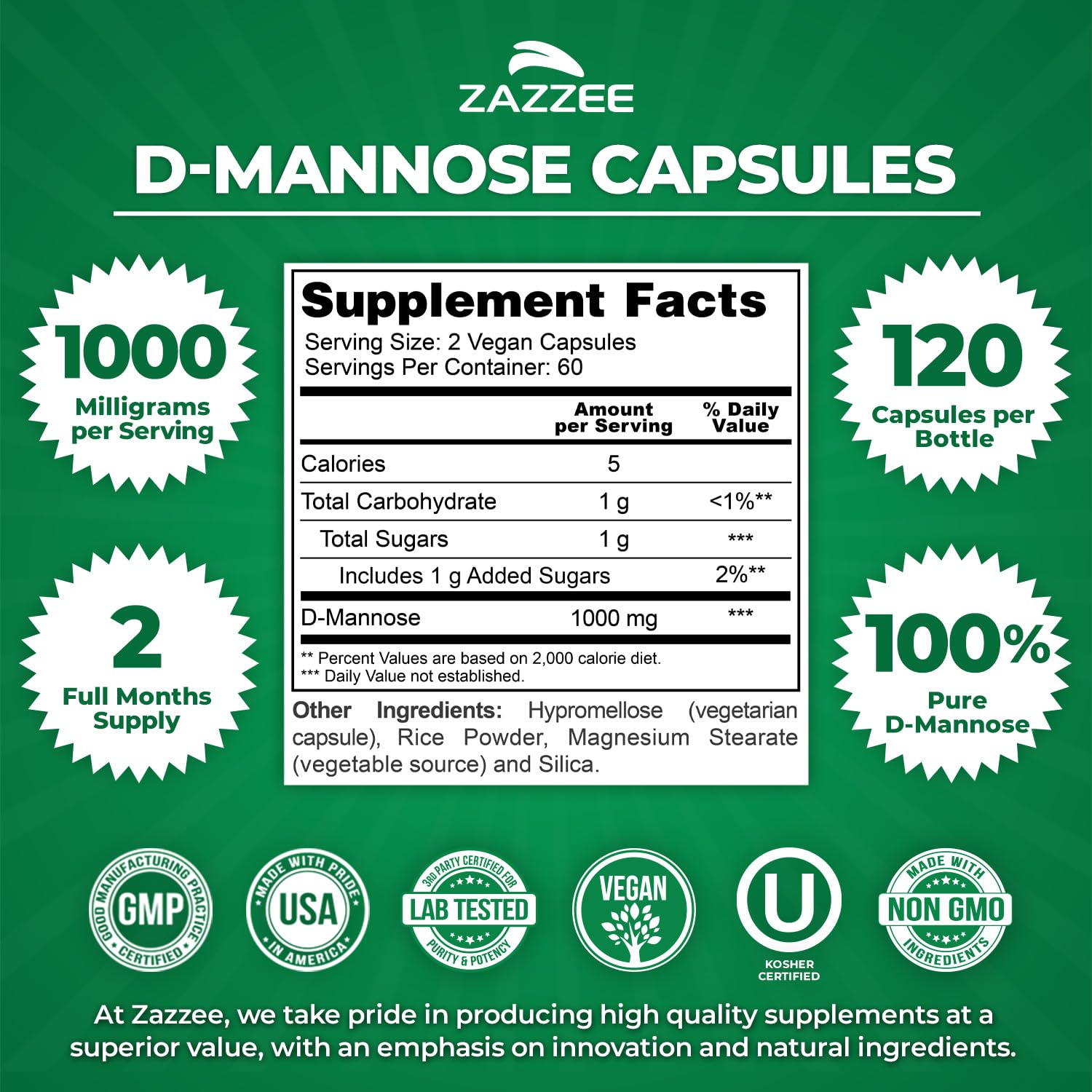 Zazzee D-Mannose, 1000 mg per Serving, 180 Vegan Capsules, 3 Month Supply | Potent & Fast-Acting, Certified Kosher, 100% Pure, All-Natural Urinary Tract Health Support, 100% Vegetarian, Non-GMO Gsupps Australia