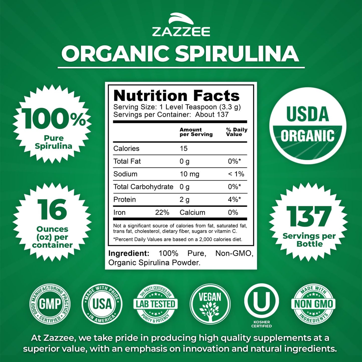 Zazzee USDA Organic Spirulina Powder, 2.2 Pounds (1 KG), 303 Servings | Certified Kosher, 100% Pure, Non-Irradiated, Mess-Free Wide Mouth Container, Fresh Smell, Neutral Taste, Non-GMO, Made in USA Gsupps Australia