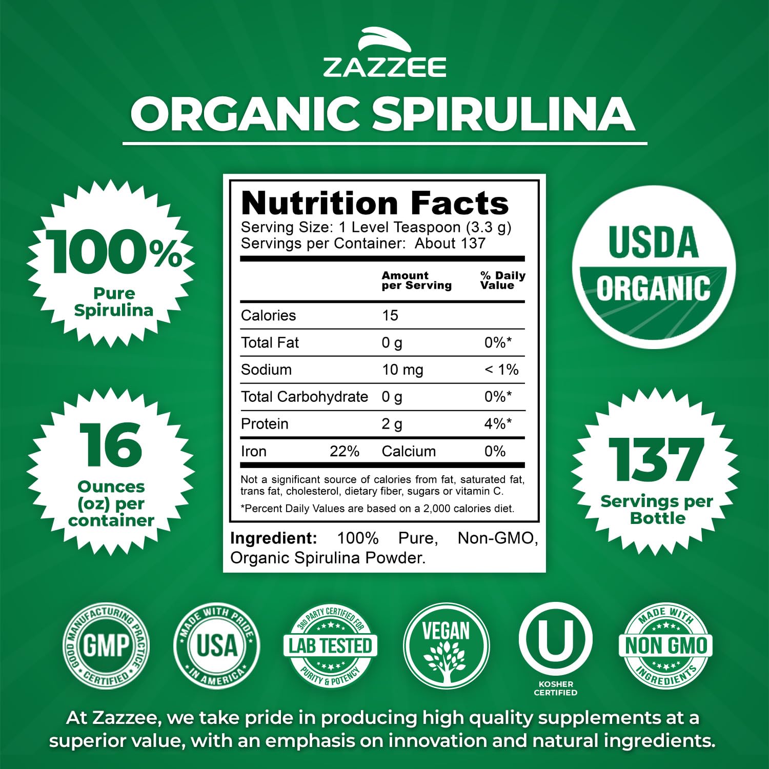 Zazzee USDA Organic Spirulina Powder, 2.2 Pounds (1 KG), 303 Servings | Certified Kosher, 100% Pure, Non-Irradiated, Mess-Free Wide Mouth Container, Fresh Smell, Neutral Taste, Non-GMO, Made in USA Gsupps Australia