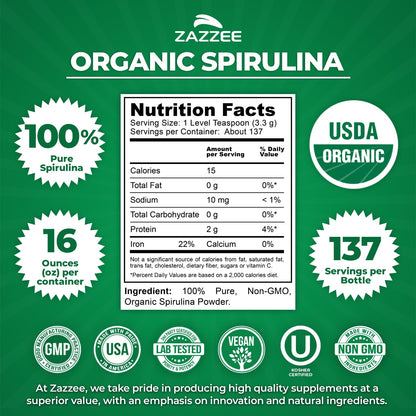 Zazzee USDA Organic Spirulina Powder, 2.2 Pounds (1 KG), 303 Servings | Certified Kosher, 100% Pure, Non-Irradiated, Mess-Free Wide Mouth Container, Fresh Smell, Neutral Taste, Non-GMO, Made in USA Gsupps Australia