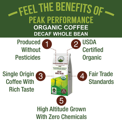 Peak Performance High Altitude Organic Decaf Coffee - Fair Trade, Low Acid, Non GMO, Beans Full of Antioxidants - Medium Roast Smooth Tasting USDA Certified Organic Decaffeinated Whole Bean 12 oz Peak PerformanceBuy Supplements Australia