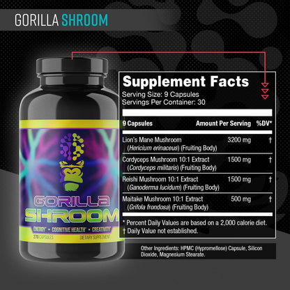 Gorilla Mind Shroom Nootropic Mushroom Supplement (6700mg) - 270 Capsules/Includes Lions Mane, Cordyceps, Reishi, Maitake/Increased Energy Immune Modulation, Enhanced Cognitive Functioning