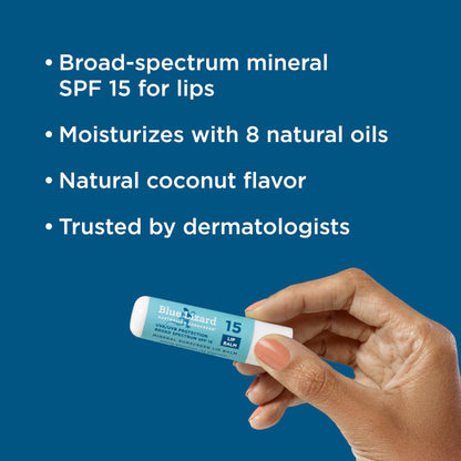 BLUE LIZARD Mineral SPF 15 Lip Balm, 3-Pack: Broad Spectrum Sun Protection, Natural Coconut Flavor, 8 Natural Oils BLUE LIZARD