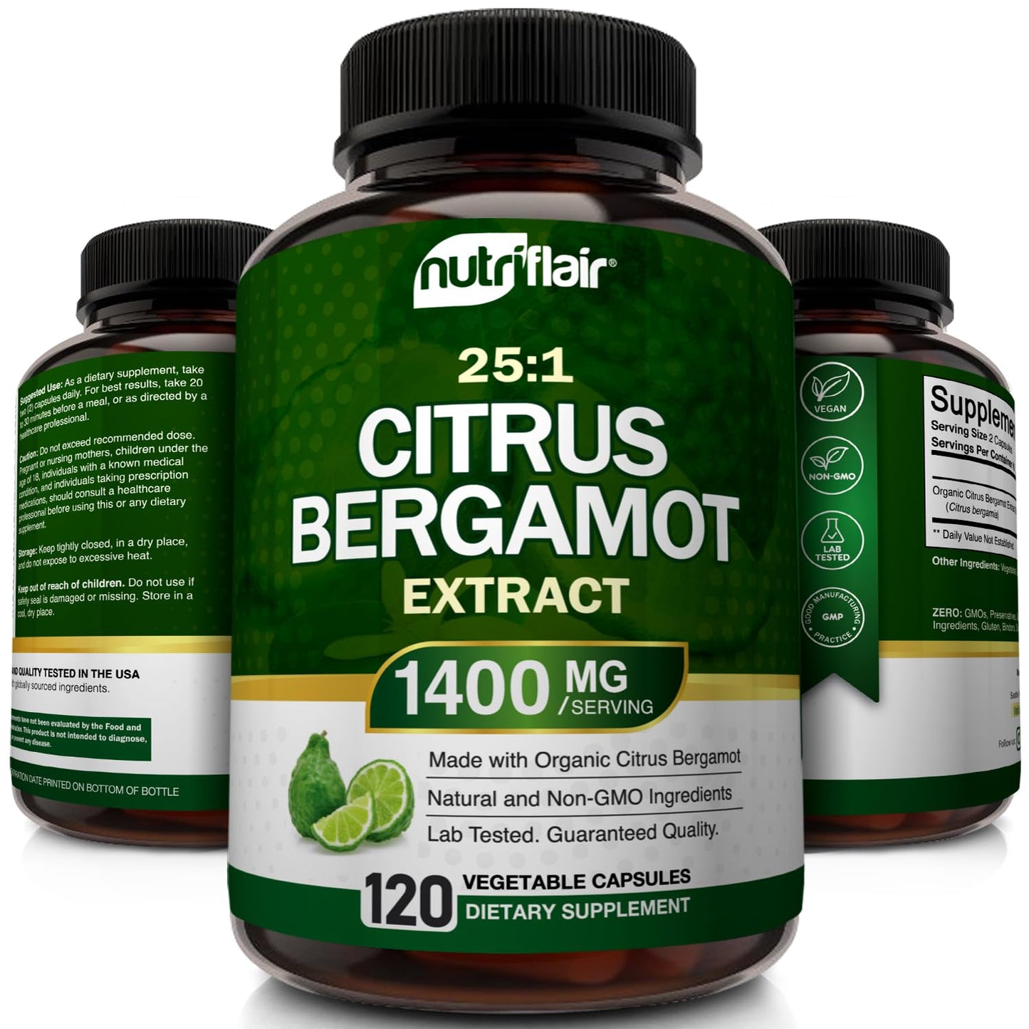 NutriFlair Organic Citrus Bergamot 1400mg, 120 Capsules - 25:1 Bergamia - Essential Oil and Citrus Bioflavonoids - Natural Heart Health Supplements NutriFlair
