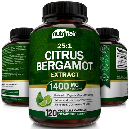 NutriFlair Organic Citrus Bergamot 1400mg, 120 Capsules - 25:1 Bergamia - Essential Oil and Citrus Bioflavonoids - Natural Heart Health Supplements NutriFlair