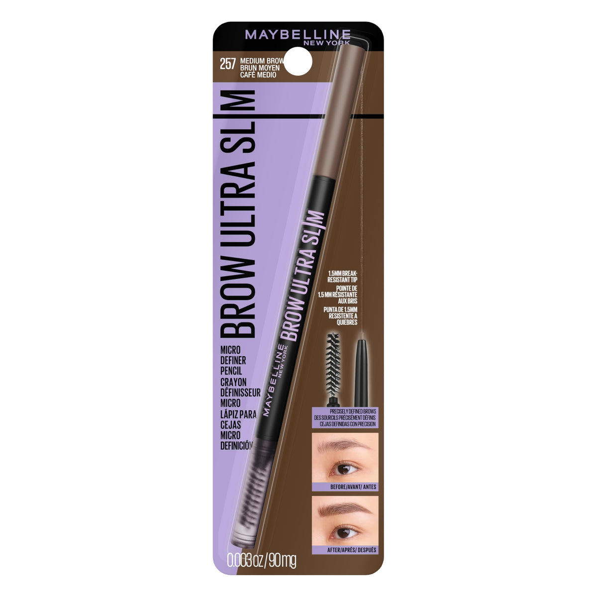 Maybelline Express Brow Ultra Slim Eyebrow Makeup, Brow Pencil with Precision Tip and Spoolie for Defined Eyebrows, Medium Brown, 1 Count (Packaging May Vary) MAYBELLINE