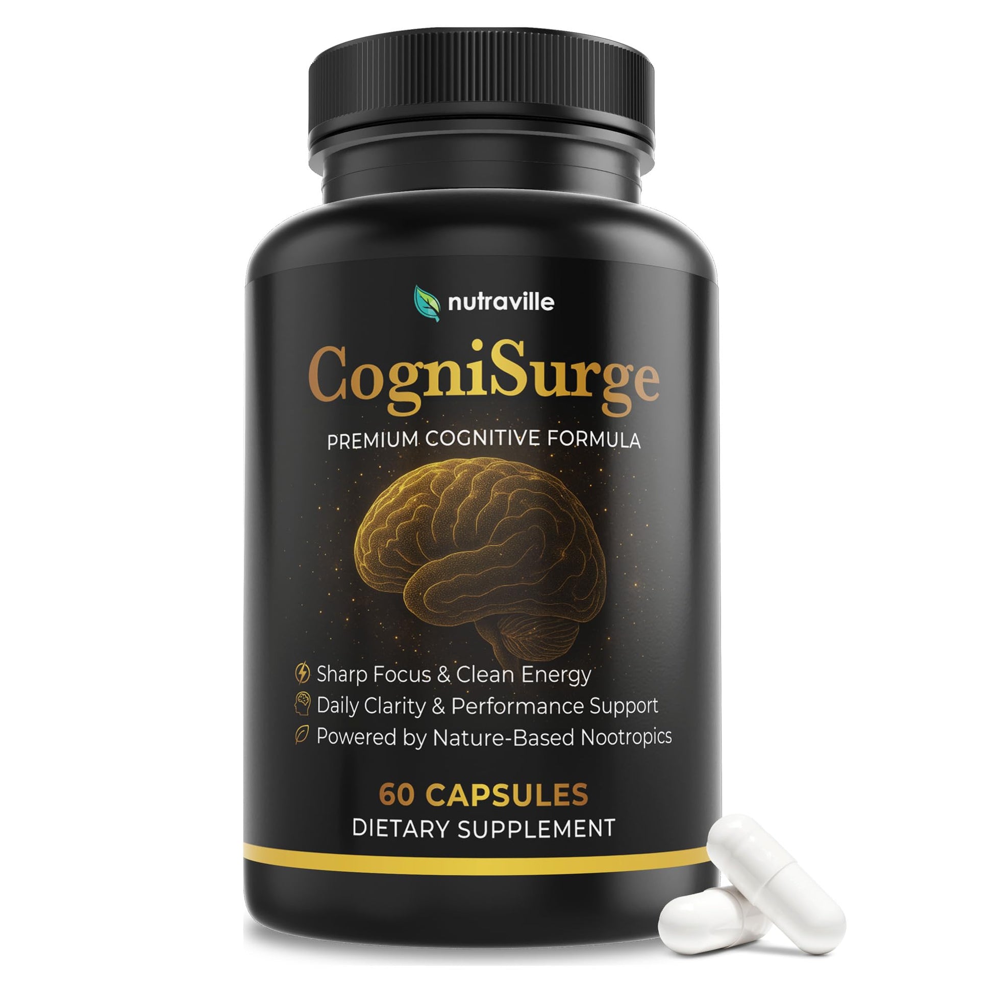 Nutraville CogniSurge Nootropics Brain Support Supplement for Memory and Focus - Nature-Powered Lion's Mane Supplement Capsules with Shilajit - No Caffeine or Stimulants - 30 Servings Nutraville buy australia supplements