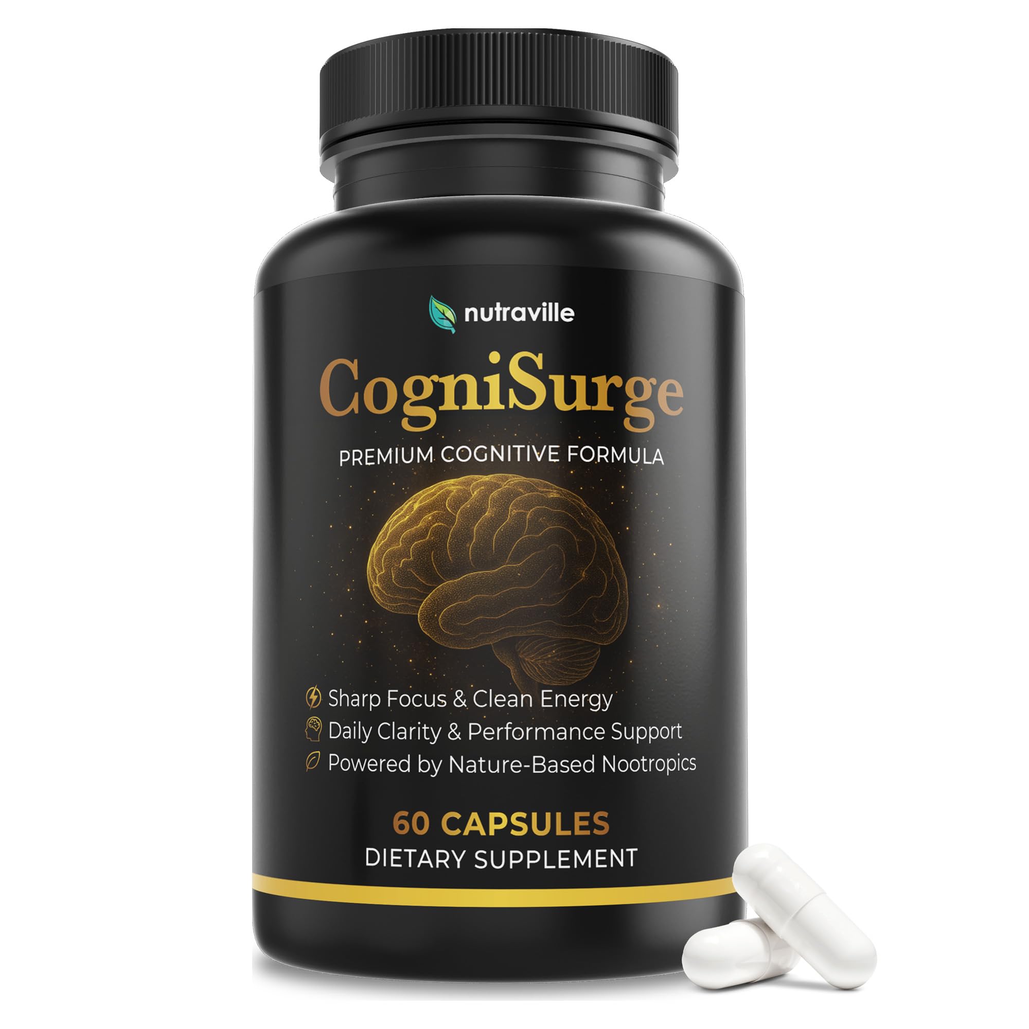 Nutraville CogniSurge Nootropics Brain Support Supplement for Memory and Focus - Nature-Powered Lion's Mane Supplement Capsules with Shilajit - No Caffeine or Stimulants - 30 Servings Nutraville buy australia supplements