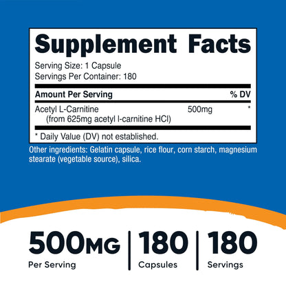 Nutricost Acetyl L-Carnitine (ALCAR) 500mg, 180 Capsules, 180 Servings - Non-GMO and Gluten Free, 1 Capsule per Serving Nutricost