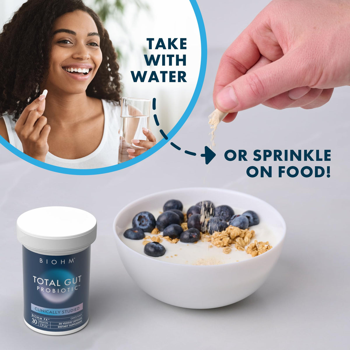 BIOHM Total Probiotic, 30 Billion CFU Daily Probiotics for Women & Men (30 Count) Helps Reduce Occasional Gas & Bloating, BIOHM