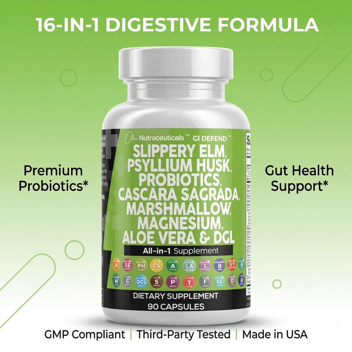 Clean Nutraceuticals Slippery Elm Psyllium Husk Pre Probiotic Digestive Gut Health Supplement with Aloe Vera Cascara Sagrada Clean Nutraceuticals