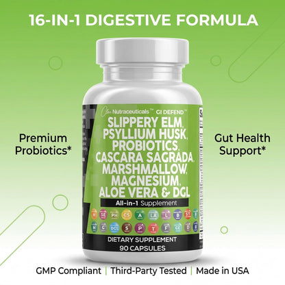Clean Nutraceuticals Slippery Elm Psyllium Husk Pre Probiotic Digestive Gut Health Supplement with Aloe Vera Cascara Sagrada Clean Nutraceuticals