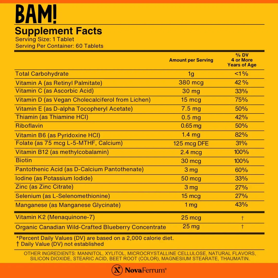 NovaFerrum BAM Chewable Multivitamin for Kids & Adults Ages 4 and Above – Fruit Blast Flavor – 60 Chewable Tablets NovaFerrum buy australia supplements