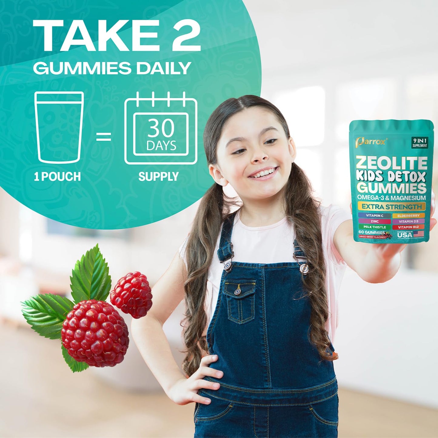 Parrox Zeolite Kids Gummies, 9-in-1 with Zeolite, Omega-3, Magnesium, Elderberry, Vitamin C, Milk Thistle, Vitamin D3, Zinc, B12 – Sugar-Free Parrox