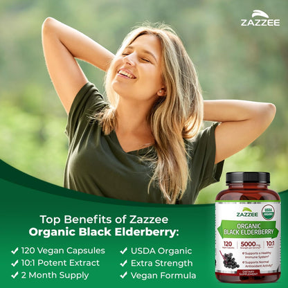 Zazzee USDA Organic Black Elderberry 10:1 Extract, 120 Vegan Capsules | 2 Month Supply, Sambucus Nigra, Antioxidant & Immune Support, Concentrated 10X Extract, All-Natural, Non-GMO, Made in the USA Gsupps Australia