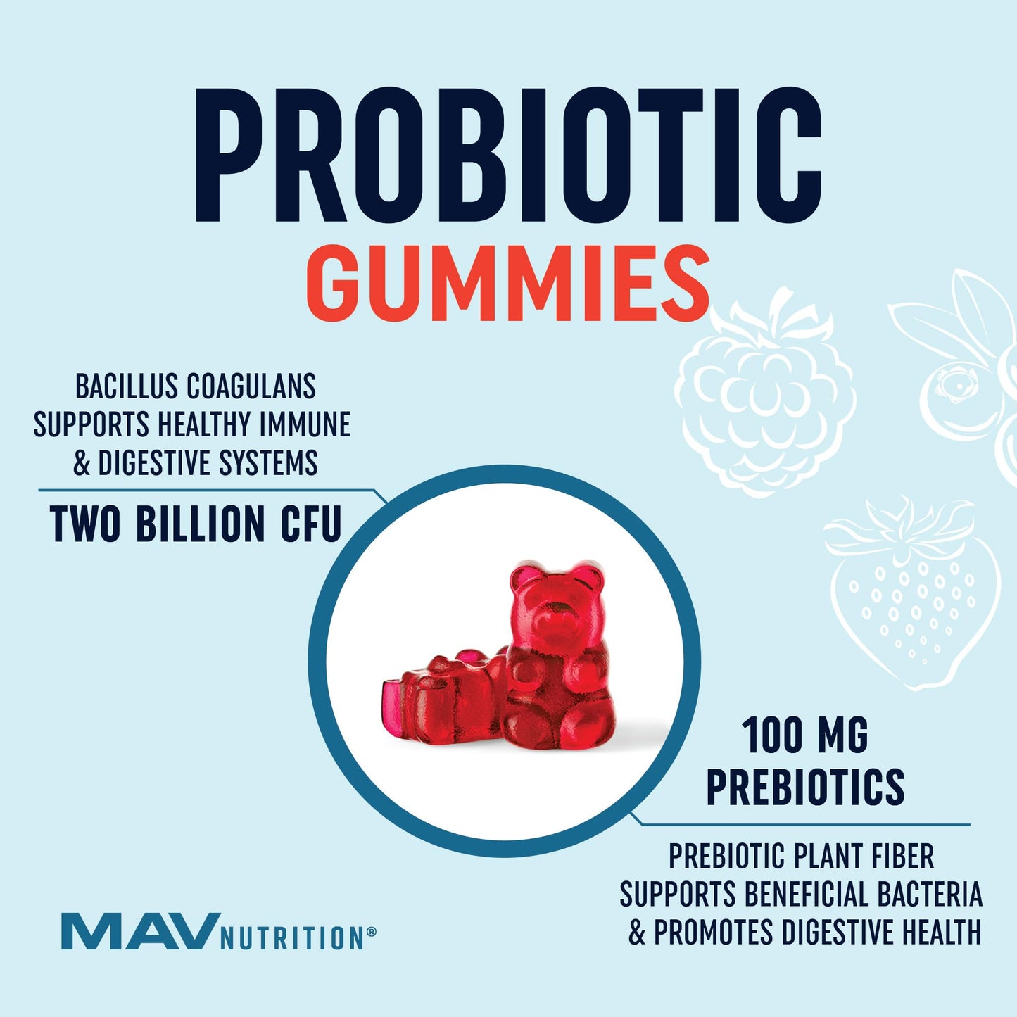 Kids Probiotic Gummies | 2 Billion Probiotics + 100mg Prebiotic Fiber for Immune & Digestion Support | Low Sugar Per Serving | For Children Ages 2+ | Gluten-Free, MAV NUTRITION