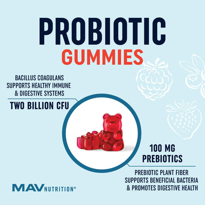 Kids Probiotic Gummies | 2 Billion Probiotics + 100mg Prebiotic Fiber for Immune & Digestion Support | Low Sugar Per Serving | For Children Ages 2+ | Gluten-Free, MAV NUTRITION
