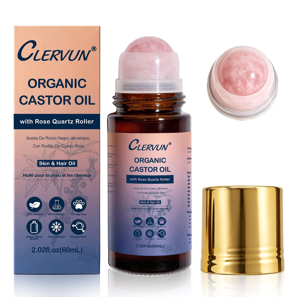 CLERVUN Organic Castor Oil Roll On with Rose Quartz Roller 2.02fl.oz CLERVUN