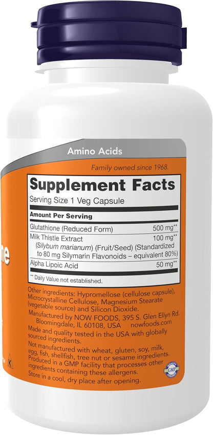 NOW Foods Supplements, Glutathione 500 mg, With Milk Thistle Extract & Alpha Lipoic Acid, Free Radical Neutralizer*, 60 Veg Capsules Gsupps Australia