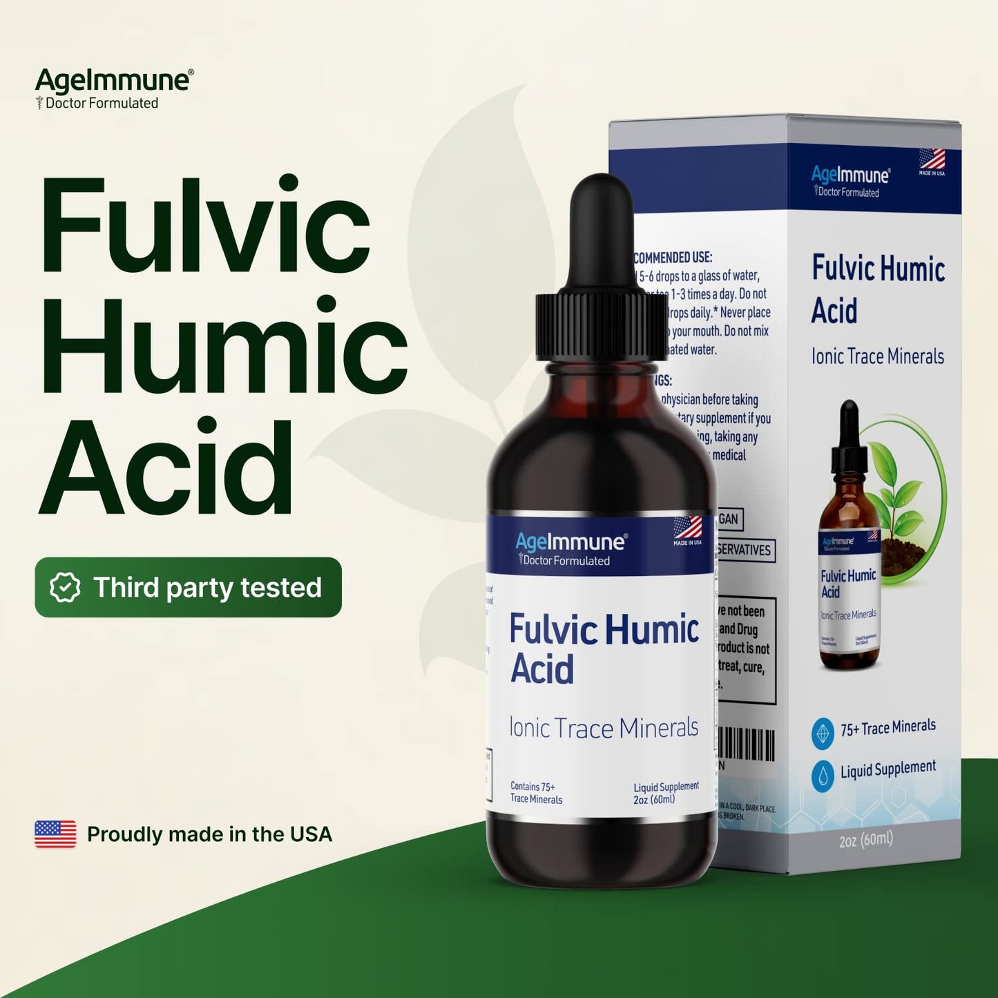 Fulvic Humic Acid 75 + Trace Minerals Liquid Supplement - Plant Derived in USA - Fulvic Acid Minerals Concentrate for Energy, Gut Health and Hydration AgeImmune