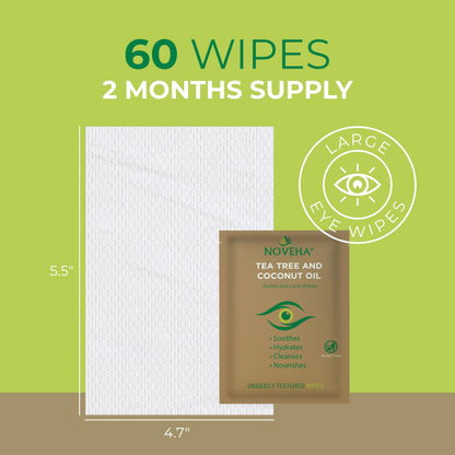 NOVEHA 60PCs Tea Tree & Coconut Oil Eyelid & Lash Wipes - For Demodex, Blepharitis & Itchy Eyes, Individually Wrapped Eyelash Wipes With Aloe Vera, Natural Makeup Remover & Daily Eye Cleanser NOVEHA