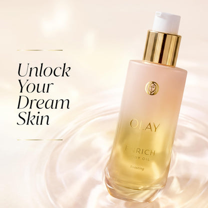 Olay Enrich Boosting Body Oil for Women, with 3-in-1 Oil + Serum Complex with Argan Oil, Rosehip Oil, and Collagen Peptide, Free of Sulfates, Parabens & Phthalates, Vanilla Plum & Amber Scent, 4 fl oz Olay