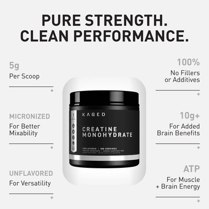 Kaged Creatine Monohydrate Micronized Powder | Unflavored | Muscle Building & Recovery | 5000 mg Per Serving | Vegan, Gluten Free, Easily Digestible Kaged