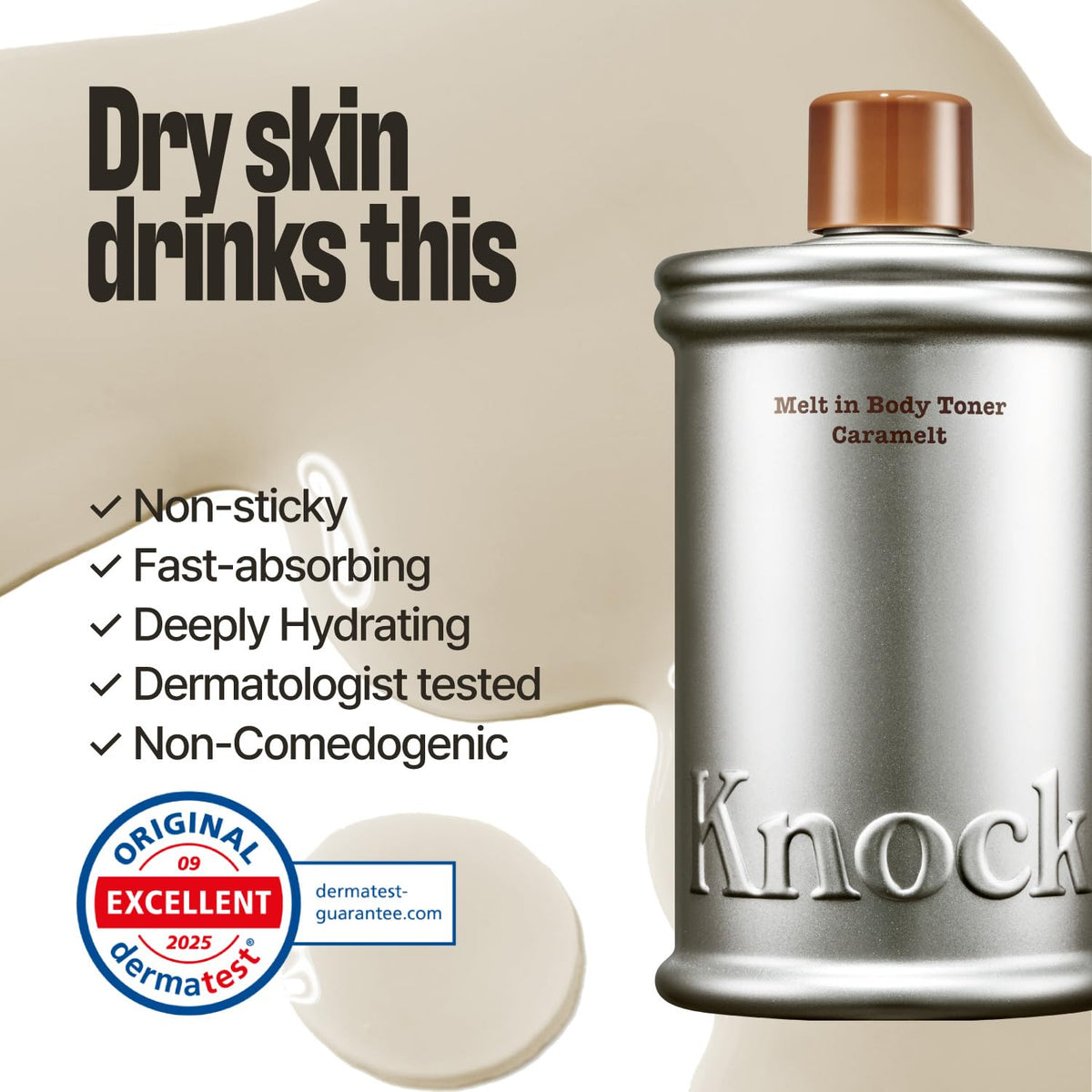 Knock Melt-In Body Toner Caramelt, Milky Body Moisturizer with Ceramide Knock