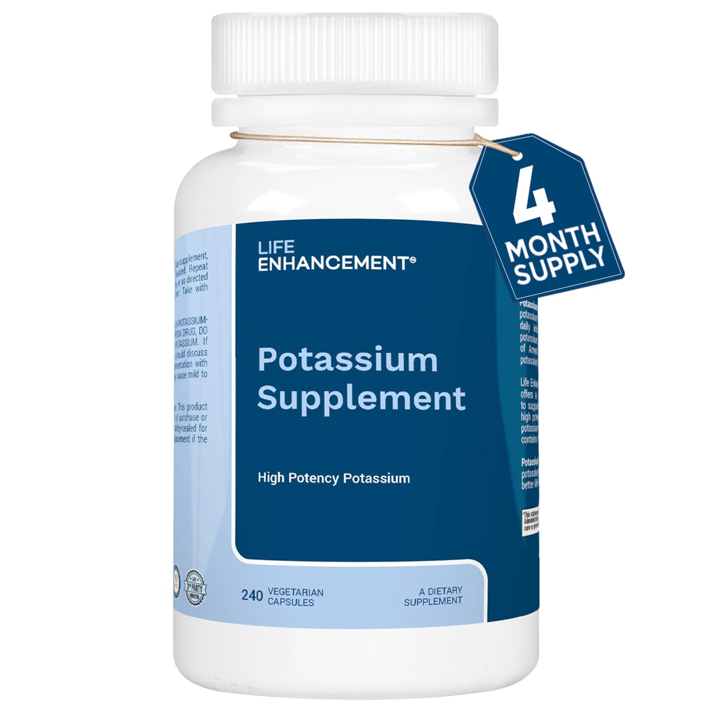 Life Enhancement High Potency 1020 mg Potassium Supplement for Muscle, Brain & Bone Health - No Additives High Absorption Elemental Potassium Supplement Life Enhancement