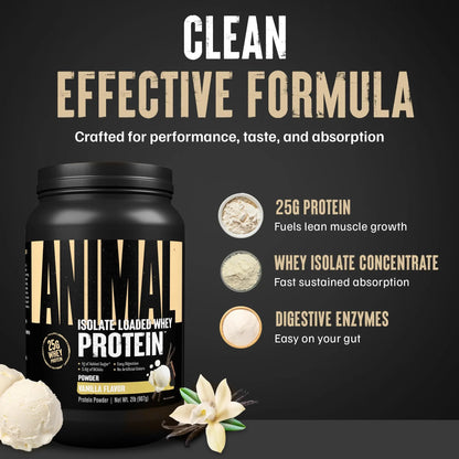 Animal Whey Isolate Protein Powder - Loaded for Pre & Post Workout Muscle Builder and Recovery with Digestive Enzymes for Men & Women - 25g Protein, Great Taste, Low Sugar - Vanilla 2 lbs Animal