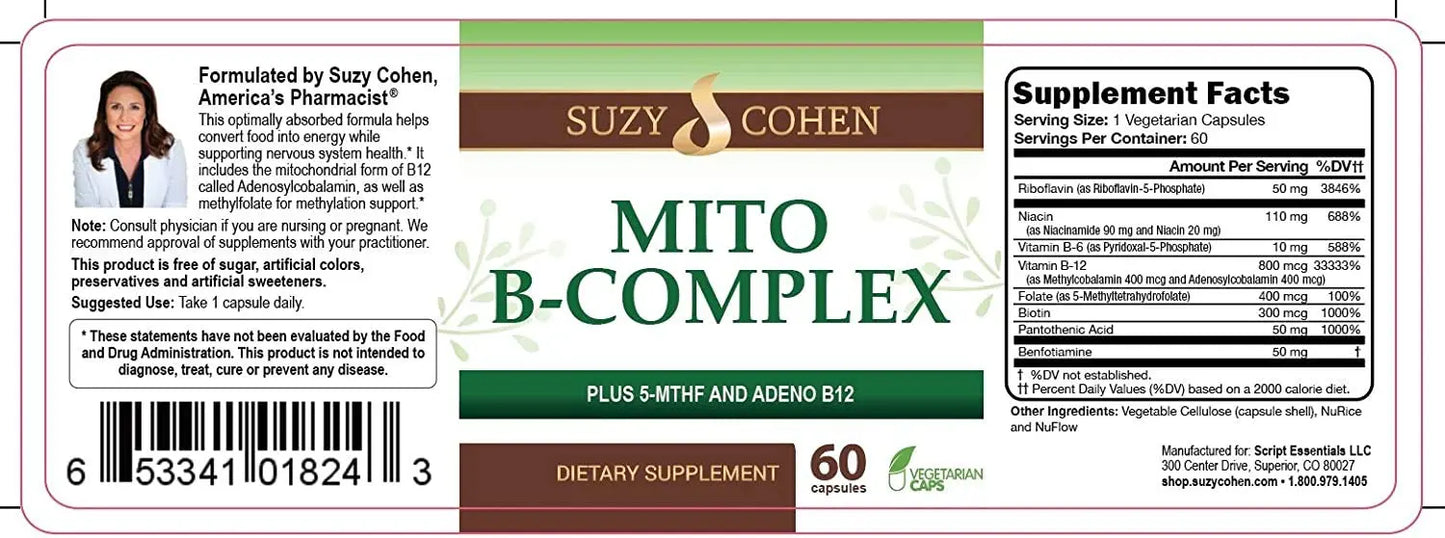 Script Essentials Suzy Cohen, Mito B Complex Dietary Supplement, 5-MTHF, Adeno B12, Methylation Support, Supports Healthy Nervous System Script Essentials