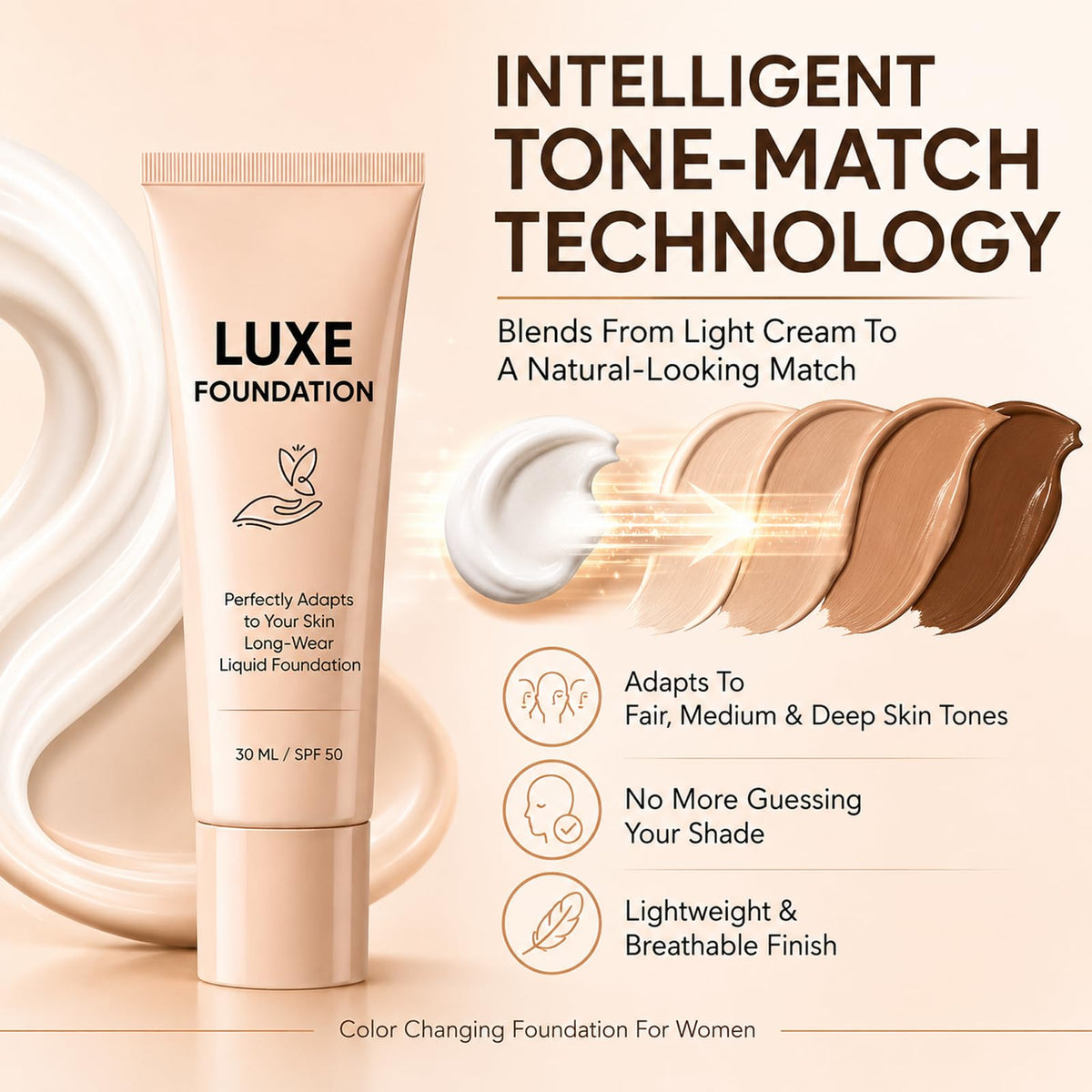 Luxe Foundation for Women, Color Changing Foundation, Hyaluronic Acid & Vitamin E, Creates Flawless Skin, Deep Hydration & Refines Pores for Natural Glow 30 ML LUXE FOUNDATION
