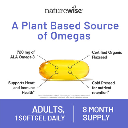 NatureWise Flaxseed Oil 1,242 mg, Fish Free Omega 3 6 9 with 720mg ALA, Dietary Supplement for Heart Health Support - Organic, Cold Pressed, NatureWise