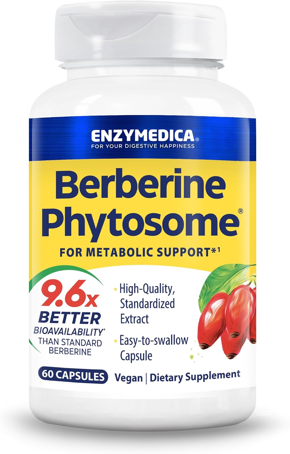 Enzymedica Berberine Phytosome High Absorption Supplement - Berbevis Berberine Phytosome Capsules for Men & Women, Bioavailable Formula, Natural Metabolic Health Support, Vegan, Gluten Free - 60 Caps Gsupps Australia