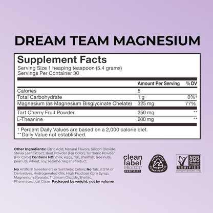 Hum Nutrition Dream Team Magnesium Bisglycinate Powder, L Theanine & Tart Cherry Magnesium Supplement Drink Mix, Support Rest, Relaxation & Sleep Routine, Gluten Free, Vegan, Cherry Lemon, 30 Servings