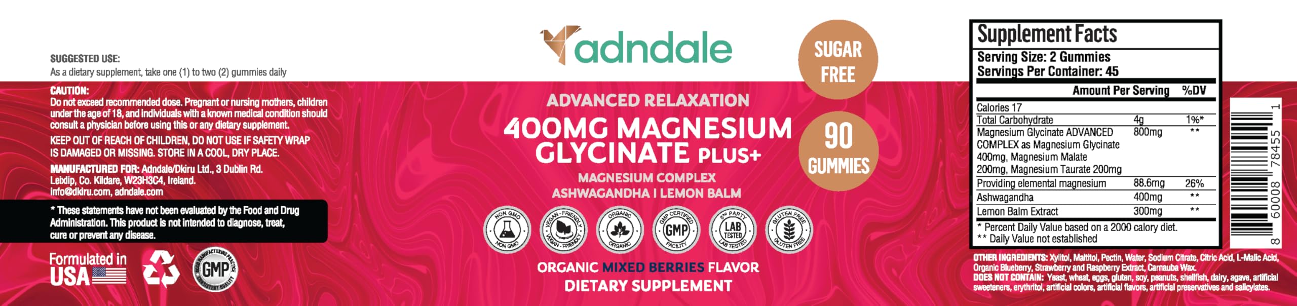 Adndale 90 CT Magnesium Glycinate 400 mg Gummies with Ashwagandha, Magnesium Malate & Taurate, Sugar Free Magnesium Gummies for Adults & Kids. Adndale buy australia supplements