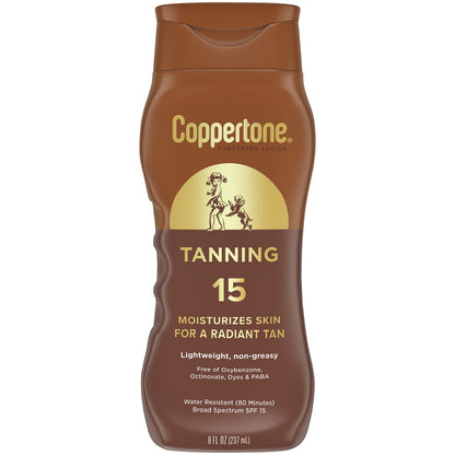 Coppertone Tanning Sunscreen Lotion, SPF 15, Lightweight and Non Greasy Sunscreen, Water Resistant, Oxybenzone Free Coppertone