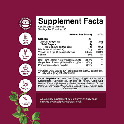 Flow Boosting Beet Root Gummies - Invigorating Beet Gummies for Adults Nitric Oxide Energy & Heart Health Support with Grapeseed Pomegranate & Vitamin B12 - Vegan Non-GMO & Gluten Free - 60 Count Gsupps Australia