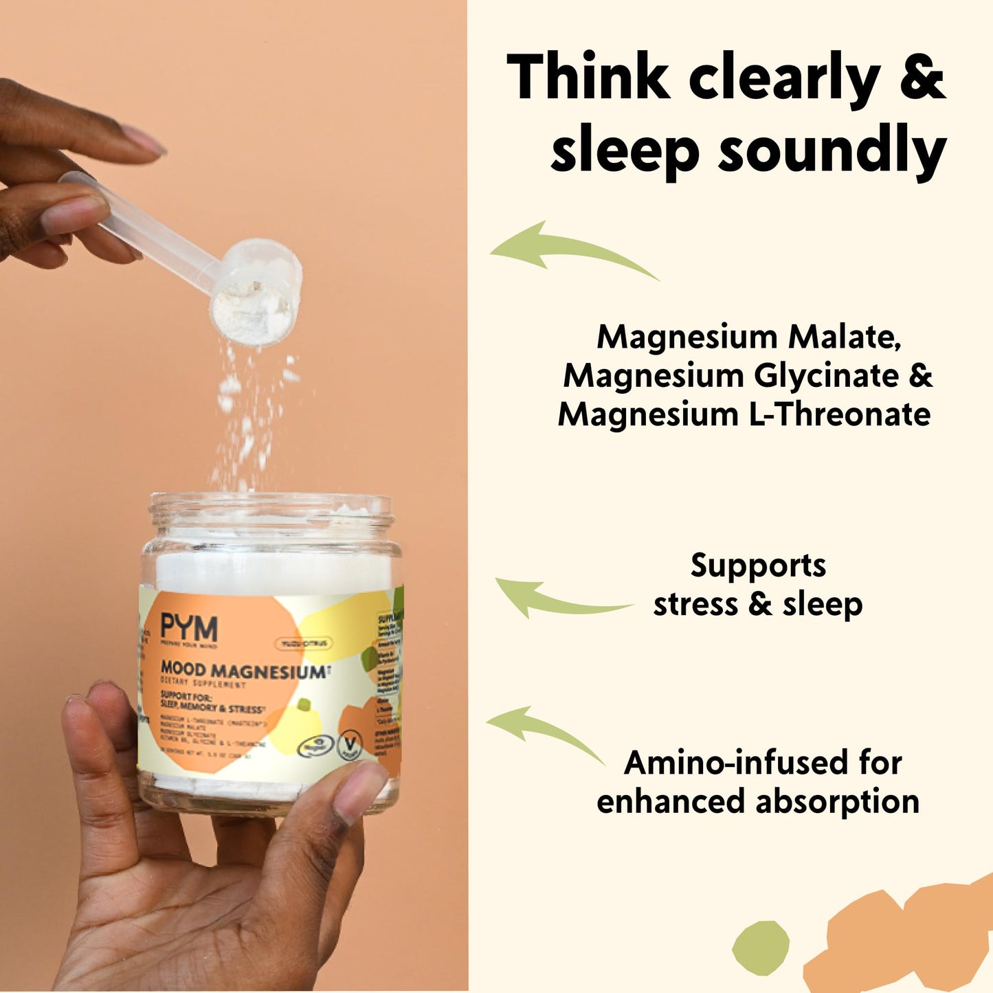 PYM Mood Magnesium Powder to Support Stress & Better Sleep, 30 Servings - Magnesium Glycinate, Magnesium Malate & l-Threonate, Yuzu Citrus | Non-GMO PYM Health