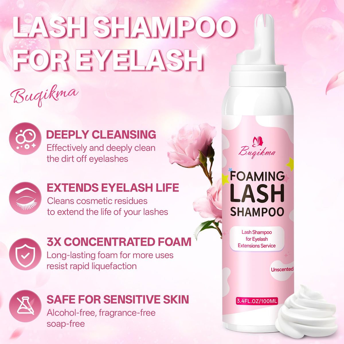 Buqikma Foaming Lash Shampoo Eyelash Extension Cleanser 3.4Fl Oz, Unscented Buqikma