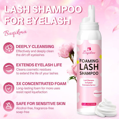 Buqikma Foaming Lash Shampoo Eyelash Extension Cleanser 3.4Fl Oz, Unscented Buqikma