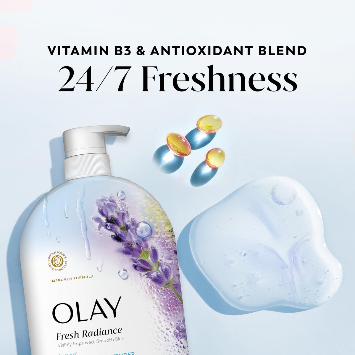 Olay Body Wash for Women, Fresh Radiance, 24/7 Skin-Loving Freshness, Visibly Radiant, Plant Based Cleansers, Vitamin B3 & Antioxidant Blend, For All Skin Types, Birch Water & Lavender Scent, 35 fl oz Olay