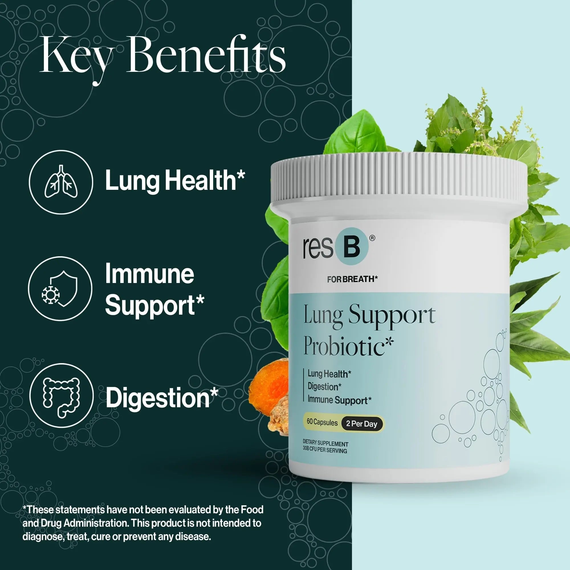 resB Lung Support Probiotic Supplement - Lung Health Supplement for Smokers, Gut Health, Immune & Digestive Support, Respiratory Care, Holy Basil & Turmeric, Clinically Trialed - 60 Capsules ResBiotic buy australia supplements