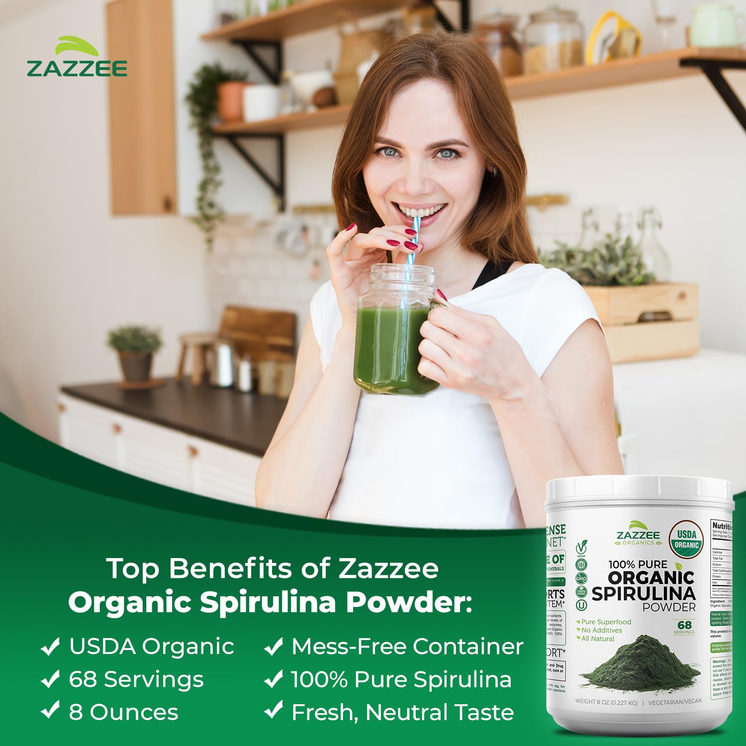 Zazzee USDA Organic Spirulina Powder, 2.2 Pounds (1 KG), 303 Servings | Certified Kosher, 100% Pure, Non-Irradiated, Mess-Free Wide Mouth Container, Fresh Smell, Neutral Taste, Non-GMO, Made in USA Gsupps Australia