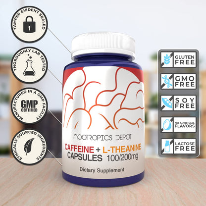 Nootropics Depot Caffeine and L-Theanine Capsules | 60 Pills | Contains 100mg of Caffeine and 200mg of L-Theanine | Natural Supplement | Energy Booster | Mental Focus + Alertness | Coffee Alternative