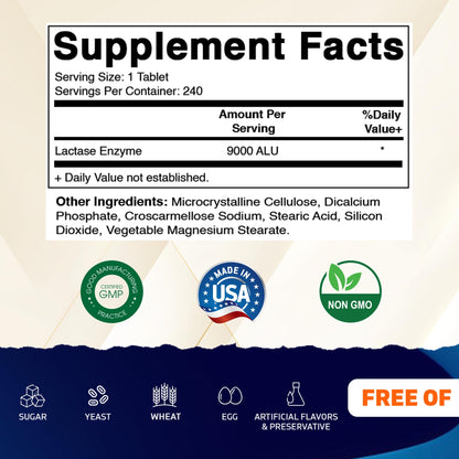 Vitamatic Lactase Enzyme 9000 FCC 240 Tablets - Lactose Intolerance Relief Caplets Vitamatic